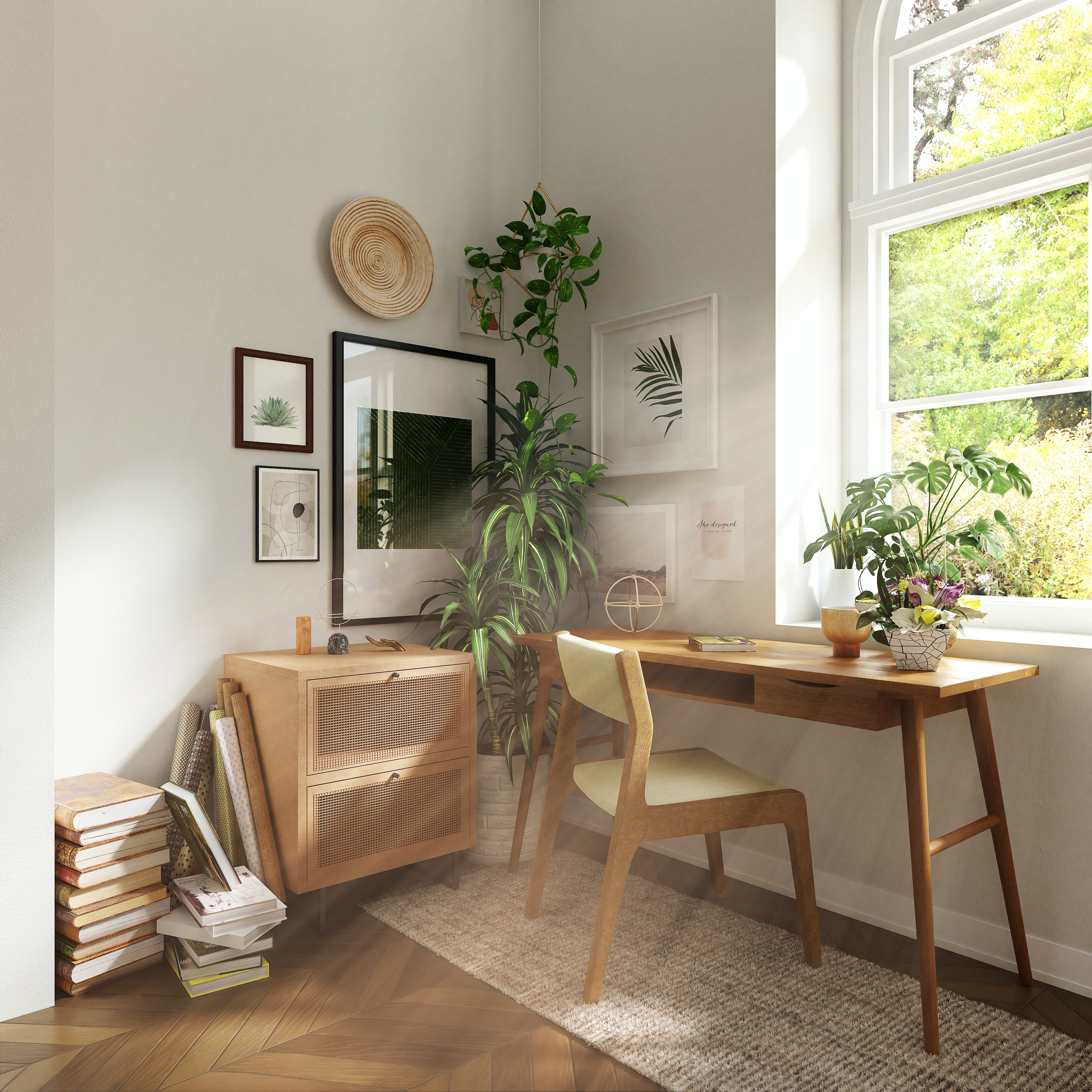 Home office corner with plants and wood furnishings